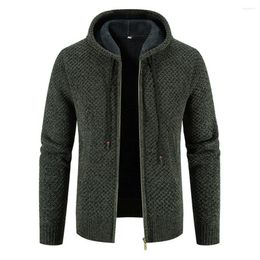 Men's Sweaters 2023 Winter Coat Men Cardigan Zipper Closure Solid Colour Long Sleeves Drawstring With Hat Keep Warm Casual Thicken Plush