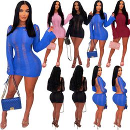 2023 New Women Casual Dresses Sexy Hollow Out Thin Style Long-sleeved Tops Crewneck Back Clothes Bodycon Dress