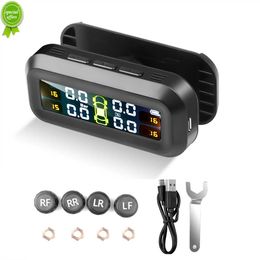 New Solar Power Tpms Car Tyre Pressure Monitoring System 4 Sensors Temperature Warning Windshield Attaching Auto Driving Safety Kit