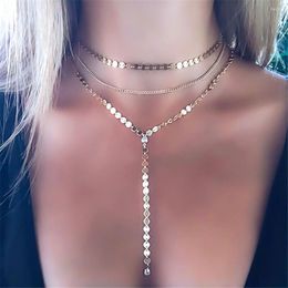 Choker Gold Silver Round Plate Link Chain Multilayer Necklace Tassel Pendant Collar Necklaces Women Jewelry Gifts Collier Femme