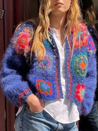 Women's Knits Tees Gypsylady Knitted Block Pattern Sweater Cardigan Handmade Crochet Women Bohemian Laides Dames Autumn Blue Bobo Coats 230324