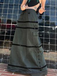 Skirts 2000s Y2K Vintage Cargo Maxi Elastic High Waist Detachable Patchwork Zipper Slim Long Skirt Streetwear 230324