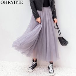 Skirts OHRYIYIE 2023 Spring Summer Vintage Long Tulle Women Elastic High Waist Mesh Pleated Tutu Female Jupe Longue 230324