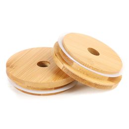 wholesale Bamboo reusable canning lids 70mm 86mm Bamboo Mason Jar Lids with Straw Hole and Silicone Seal Customizable LOGO