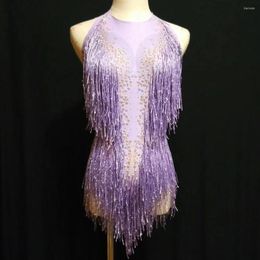 Stage Wear Purple Fringes Sparkling Rhinestones Backless Bodysuit Sleeveless Rompers Theatrical Costume Women Nightclub Costumes
