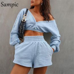 Women's Tracksuits Sampic Shorts Female Sport Tracksuit Women 2023 Outfits V Neck Long Sleeve Hoodies Tops And Mini Biker Two Piece Set