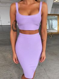 Duas peças vestido bandage vestido conjuntos mulheres sexy saia conjunto verão lilás bodycon saia e conjunto superior combinando para festa de clube 230324