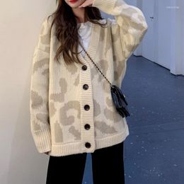 Women's Knits Autumn Winter V-Neck Knitted Cardigans Women Leopard Printed Loose Sweaters Female Elegant Casual Coat Soft Knitwear 2023