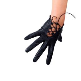 Five Fingers Gloves Pure Sheepskin Female Short Style Ropes Retro Hollow Out Black Real Leather Women Touch Screen ZP49