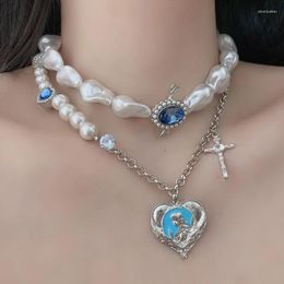 Pendant Necklaces 2023 Fashion Vintage Irregular Pearl Necklace For Women Ladies Elegant Metal Blue Heart Pendent Choker Party Jewellery