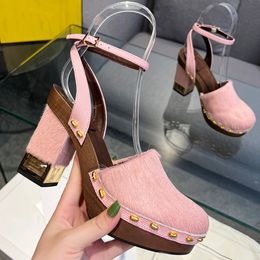 Sandals Pink Horsehair sandals for womens Designer Fashion Lizard skin Platform heel dress shoes 85CM high Heeled Wood Cork grain sandal Front Rear Strap J230525