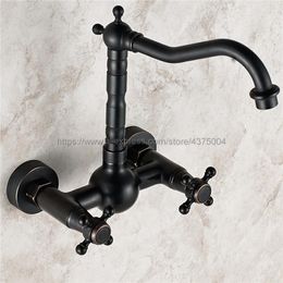 Bathroom Sink Faucets Faucet Black Oil Rubbed Brass Kitchen Mixer Tap Wall Mounted Dual Handle And Cold Taps Ntf008