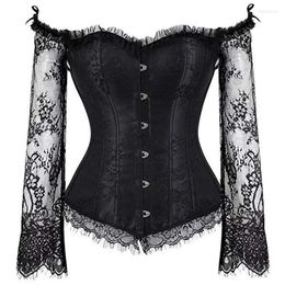 Bustiers & Corsets 2023 Sexy Black Gothic Lace Long Sleeve Flat Shoulder Corset Bandage Steampunk Slim Court 6 Colours