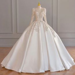 Gorgeous S Ball Gown V-Neck Long Sleeve Wedding Crystal Beaded Stain Lace Applique White Bridal Gowns Robe De Mariage Quinceanera Dresses 403