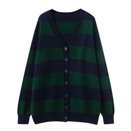 Women's Knits Tees PUWD Vintage Women V Neck Stripe Knitted Cardigan Autumn Fashion Ladies Loose Cotton Sweaters Girls Chic Knitwear Tops 230324