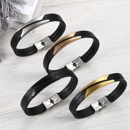 Charm Bracelets Black Color Double-Layer Stitching Accessories Stainless Steel Geometric Men's Leather Bracelet Advanced Design Style