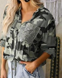 Women's Blouses European Style Long Sleeve Shirt Woman Top Camouflage Sequined Blouse Female Ladies Tops
