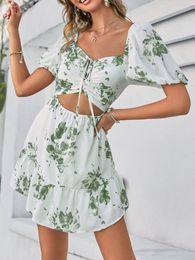 Casual Dresses Summer The Cutout Puff Sleeves Tie Print Green Corset Dress Ruffles Holiday Women's Mini Beach Tank Top Sexy