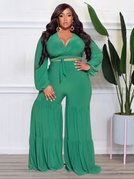 Women's Plus Size Pants Chic 2 Piece Set Lace Up V Neck Lantern Long Sleeve Crop Top Ruched Wide Leg Pant Commute Outfit Women Clothing 230324