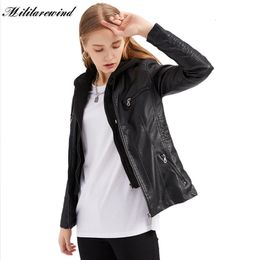 Women's Jackets Washed PU Leather Spring Autumn Hooded Women Fashion Streetwear Female Male Detachable Knitted Hood 230324