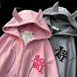 Womens Hoodies Sweatshirts Japanese embroidered tassel cute devil horns hooded sweater womens autumn and winter plus hoodie velvet thick zipper jacket 230324