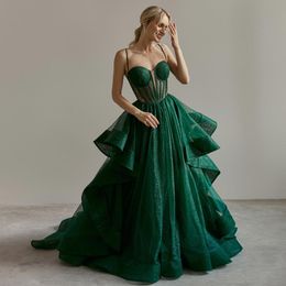 Hunter Shining Prom Dresses A Line Sequined Evening Gowns Spaghetti Straps Neckline Tiered Sweep Train Tulle Formal Dress