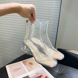 PVC Women's Shoes Transparent High Heels Girls Fashion Nightclub Sexy Waterproof Rain Boots 0324