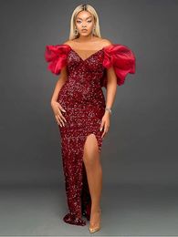 Sexy Red Sheath Sequined Prom Dress 2023 V-neck Short Puffy Sleeves Slit Ruffles Evening Formal Birthday Party Gown African Robe De Soiree