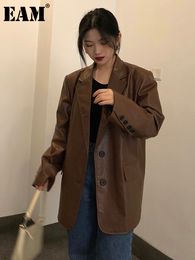 Women's Jackets EAM Loose Fit PU Leather Brown Vintage Big Size Jacket Lapel Long Sleeve Women Coat Fashion Spring Autumn 2023 1DF5549 230324