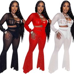 Women's Two Piece Sets Rhinestone Sheer Tracksuits Bell Bottoms Suits Sexy 2 Piece Crop Top Blouse Club Party Outfits