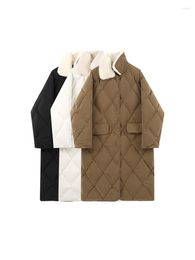 Women's Trench Coats 2023 Women Autumn Winter Vintage Argyle Oversized Outerwear Plush Turn-down Collar Long Sleeve Warm Thick Padded Jacket