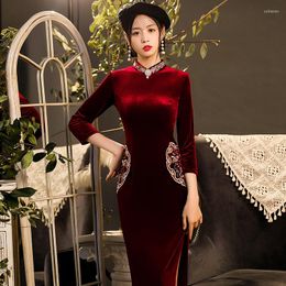 Ethnic Clothing Velvet Women Qipao Chinese Traditional Slim Long Fork Vintage Button Elegant Evening Dress Ladies Cheongsam 4XL