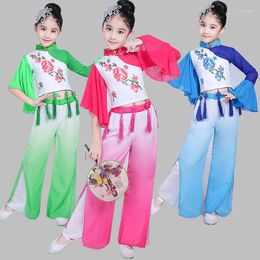 Stage Wear Children's Classical Yangko Dance Costume Girls Umbrella Clothing Chinese National Fan Dancer Outfit 90