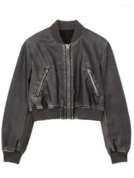 High Street PU Leather Cropped Jackets Womens Long Sleeve Zip Closure Coats Female Fashion Short Bomber Jacket Ladies