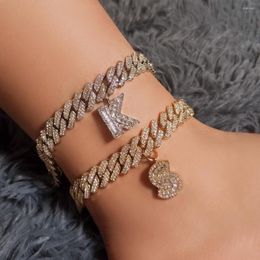 Anklets 14MM Crystal Letter Cuban Link Chain Women's Gold/Silver Colour 2 Row Rhinestone Paved DIY Initial Ankle Bracelet Jewellery