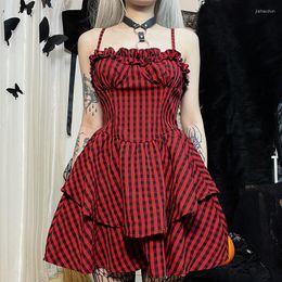 Casual Dresses 90s Vintage Plaid A-line E-girl Dark Academia Mall Goth Clothes Y2K Retro Grunge Spaghetti Strap Mini Dress Women