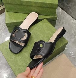 Women Sandal flat slide Interlocking High-quality Leather Slippers G Cut-out Slides Sandal Calf Leathers Sexy Flats Ladies Fashion Cutout Wear Shoes Box