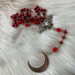 Pendant Necklaces Handmade Vampire Bat Pearl Rosary Necklace With Moon Charm And Rose Beads Occult Vampic 2023 Fashion Gothic Jewelry Gift