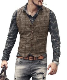 Mens Vests mens suit vests men brown black waistcoat vest man plaid steampunk jacket striped tweed vneck slim fit gilet wedding clothing 230323