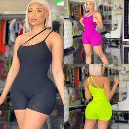 Womens Jumpsuits Rib Knitted One Piece Short Pants Bodysuits New Summer Fashion Slim Fit Lean Shoulder Backless Rompers