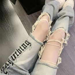 Women's Jeans girl y2k gradient ripped jean's spring and summer letter design sense high waist straight wide leg pants trend 230324