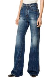 Designer broderi anagram kvinnor kvinnlig femme vår sommar jeans mode hög midja bred ben flare raka byxor avslappnad stil lös byxor