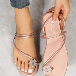 Sandals Chic Rhinestone Flower Clip Toe Women 2023 Spring Sexy Bandage Street Flats Slippers Summer Solid Beach Shoes Flip Flops