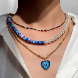 Chains Bohemia Enamel Heart Pearl Soft Clay Beads Choker Necklace For Women Multi-layer Blue Crystal Tennis Chain Necklaces Jewelry