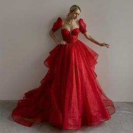 Red Shining Prom Dresses A Line Sequined Evening Gowns Short Sleeves Sweetheart Neckline Ruffled Sweep Train Tulle Formal Dress