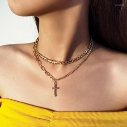 Pendant Necklaces Vintage Double Layer Thick Chains Cross Necklace Women Temperament Geometric Clavicle Pendants Punk Jewellery