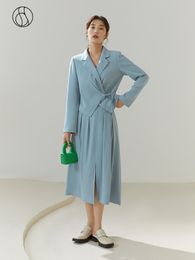 Two Piece Dress DUSHU Ladies Suit Set Autumn Design Sense Office Lady Special Loose Tube Blue Blazer ALine Skirt Female 230324