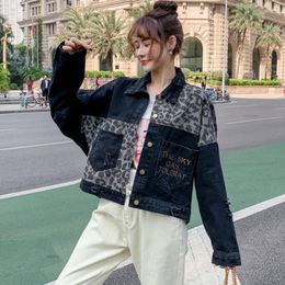 Women's Jackets Denim Jacket Women 2023 Fashion Girl Leopard Stitching Short Jean Ladies Letter Embroidery Female Coat