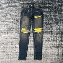 Men's Jeans Men Retro Aged Washing Yellow Patches Distressed