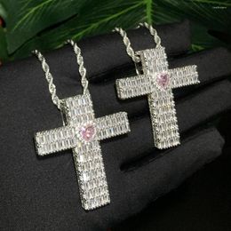 Chains 2023 Hip Hop Iced Out Bling Pink Heart Cz Paved Classic Cross Shape Pendant Necklaces Valentine's Day Gifts Jewelry For Men Boy